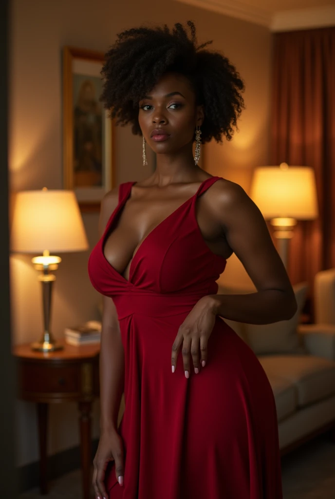 ((Photo in the bled )),Nikon Z 85mm, high resolution, an 18-year-old woman (((black skin color, ebony skin))),face details to perfection, face of mia kalifa, Sarah Banks' body, sumptuous body, luminous smile, gracefully adapts to a chic Silhouette,((red dress )), in the room,((light mist lantern lighting)), very expressive position, high detail, ((hyperrealism)),(((cinematographic quality)))
