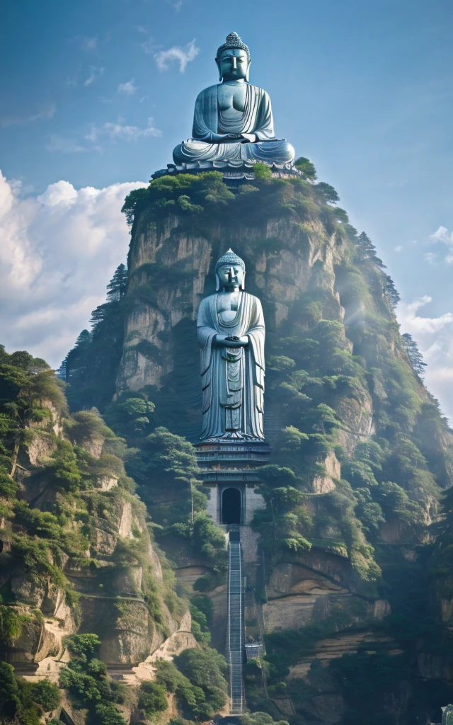 (best quality,masterpiece, intricate,ultra-detailed,realistic,RAW photo,8k uhd,ultra high res,photorealistic style,cinematic scenes, sharp focus,dramatic lighting,extremely detailed CG unity wallpaper) ,a buddha statue on the cliff, 