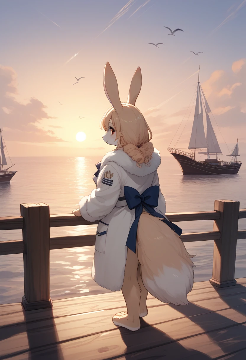 score_9, score_8_up, score_7_up, score_6_up, score_5_up, score_4_up, source_anime, source_furry, best quality, masterpiece, 1 female, (anthropomorphic Rabbit, furry, kemono), fluffy tail, fluffy coat, A sepia-colored scene of a woman standing sideways on a pier in summer. Nearby, a large ship is moored, with seagulls flying and huge cumulonimbus clouds towering in the background. The atmosphere is one of peace and nostalgia, set during a quiet summer evening with the gentle light of the sunset casting a warm glow over the still sea and distant hills. The texture of the wooden pier is finely detailed, and the woman’s hair is seen fluttering in the breeze.