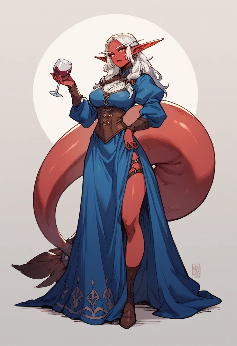 1 girl, red skin color, long wine colored hair (very large elf-style pointy ears), very gigantic tail, tail 5 times longer than the body, a tail with spikes, tail covered  feathers . Blue medieval.