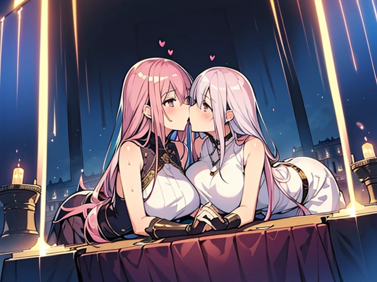 nsfw,((2girl),(yuri,lesbian),(mature female,milf)),(kiss,nipple-to-nipple,(Stare deeply into each other's eyes)), (Delicate fantasy style illustration), ( dark demon lord, white princess),(masterpiece,best quality,high-resolution,detailed fingers,detailed hands,detailed eyes,detailed legs:1.5), ( gold hair,pink hair, blue hair, long hair,shiny hair:1.3), ((huge breasts),beautiful breasts,curvy),(Castle at night,In front of the altar), ((blush),(steam:1.3),(Sweaty)), (spoken heart)