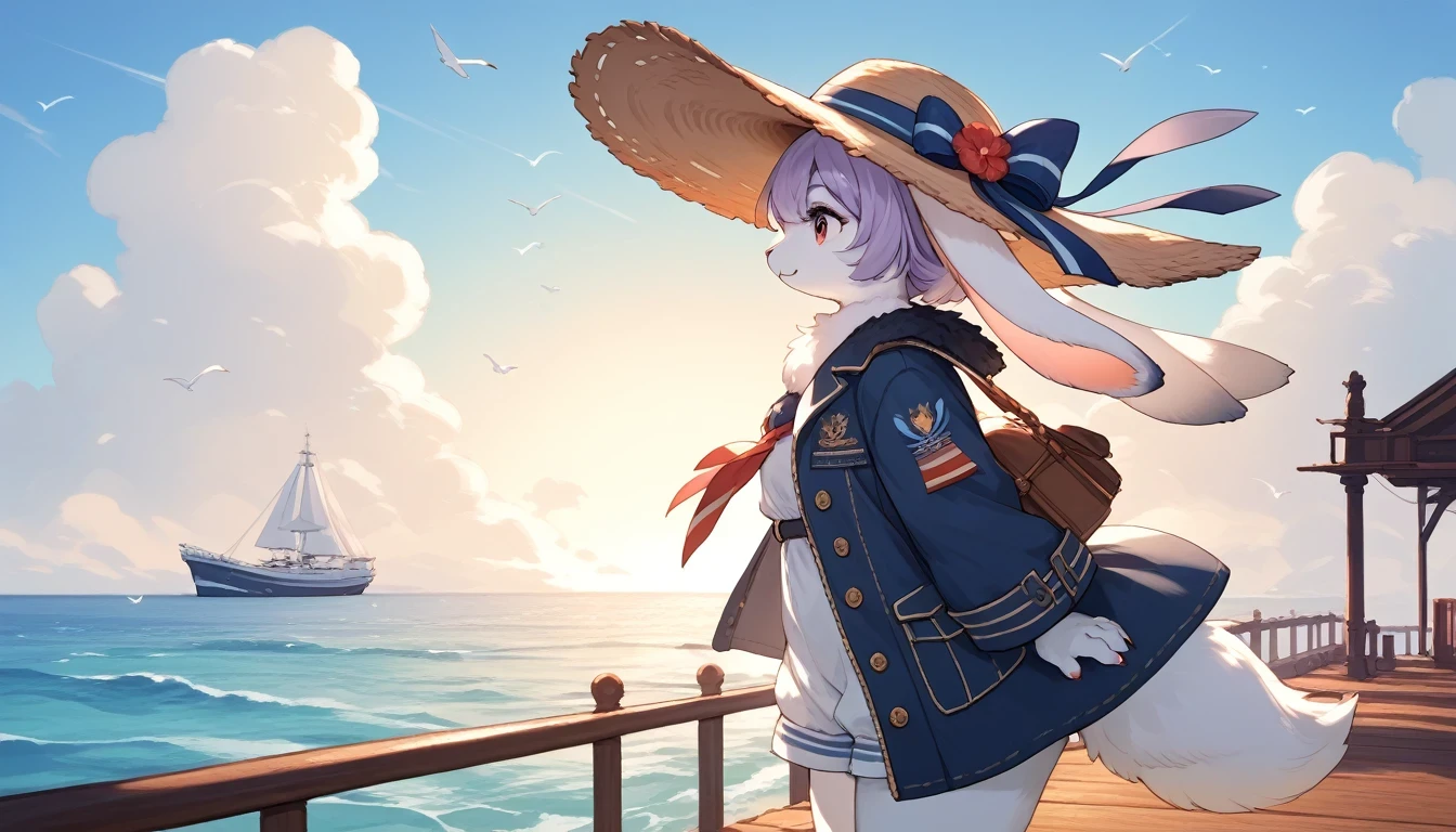 score_9, score_8_up, score_7_up, score_6_up, score_5_up, score_4_up, source_anime, source_furry, best quality, masterpiece, 1 female, (anthropomorphic Rabbit, furry, kemono),  A side view of a woman wearing a wide-brimmed hat, standing on an old wooden pier in summer. The image is in sepia tones, with a large cruise ship in the distance, seagulls gliding through the air, and cumulus clouds towering in the sky. The soft light of the setting sun adds a touch of nostalgia and tranquility, fluffy tail, fluffy coat,