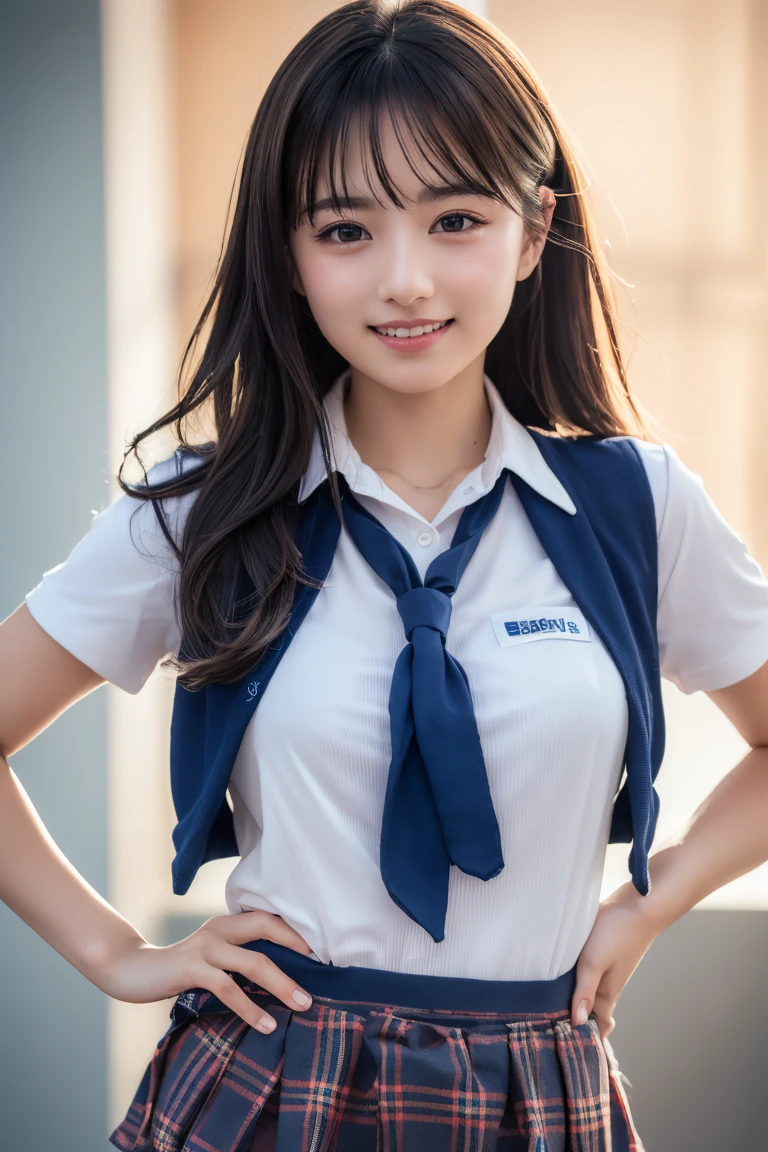 ((school uniform)),ribbon at neck,(school uniform and ((navy skirt)) and white shirt:1.1), Skin color, big , smile, (8k, RAW Photos, Highest quality, masterpiece:1.2), masterpiece, super detailed, super high quality, (Realistic and Realistic photography:1. 37), High-resolution RAW color photos, Very delicate and beautiful, highly detailed, 8k壁紙, wonderful, detailed, Very eye, very detailed, very detailed skin, very thin fingers, very detailed nose, very detailed mouth, Perfect Anatomy, Upper Body, studio, Soft lighting, A full-body shot of a cute idol wearing a one-piece swimsuit, Playful pose, Hands on hips, smile, Pastel Background, Realistic, Attention to detail, studio photography
