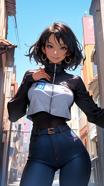 ((Artwork,best quality)), absurderes,
vixen_JLU, darkskin, 
standing alone, smiling, looking ahead at viewer, cowboy shot,
City with blue sky in the background, film composition, dynamic pose, へそ, breast out, Full ar, Street