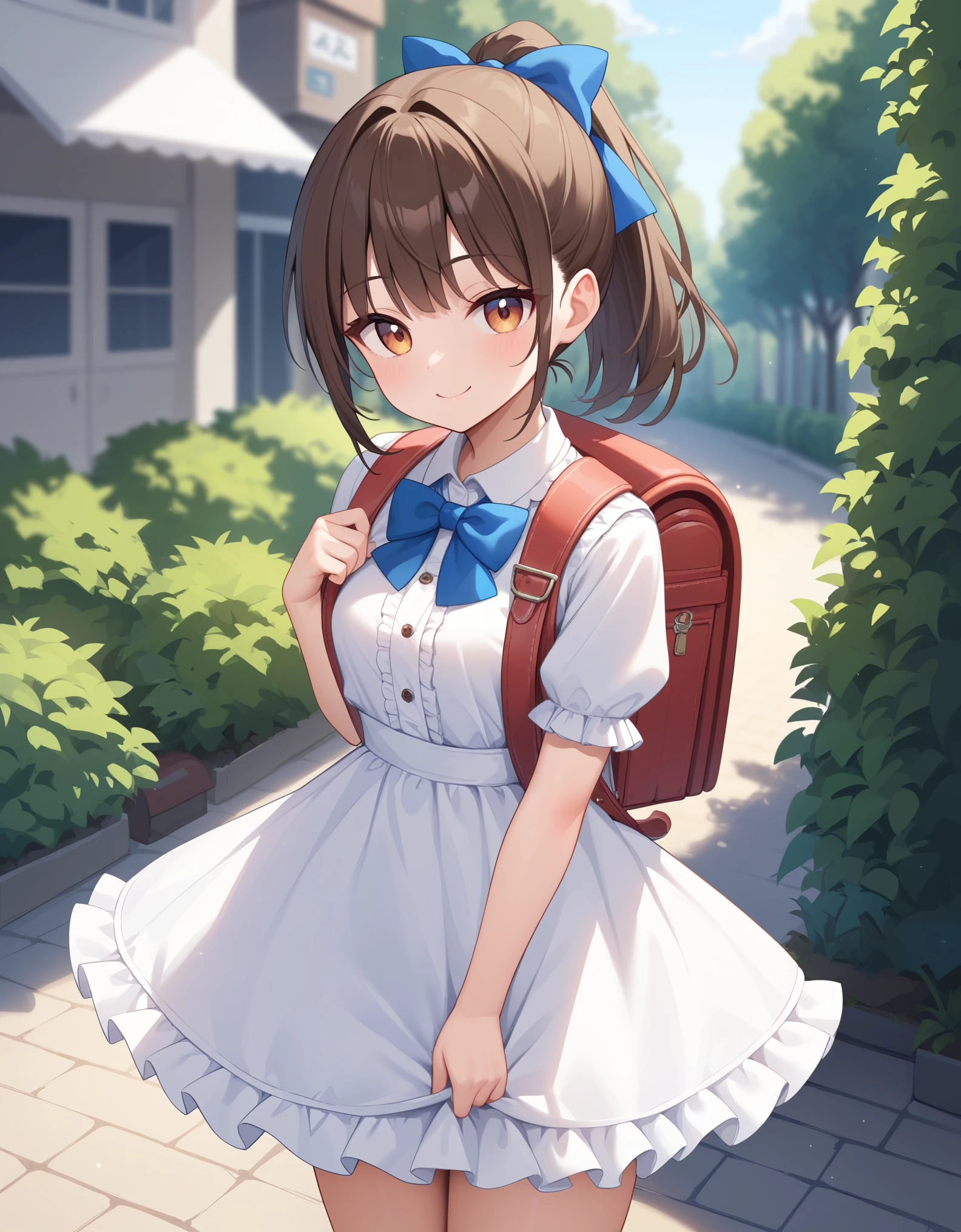 Masterpiece, hd, 1girl, brown hair, ponytail, hair ribbon, wearing cute dress, frilled dress,  dress, bowtie, standing, outdoor, smile, wearing randoseru backpack,(backpack:1.2)