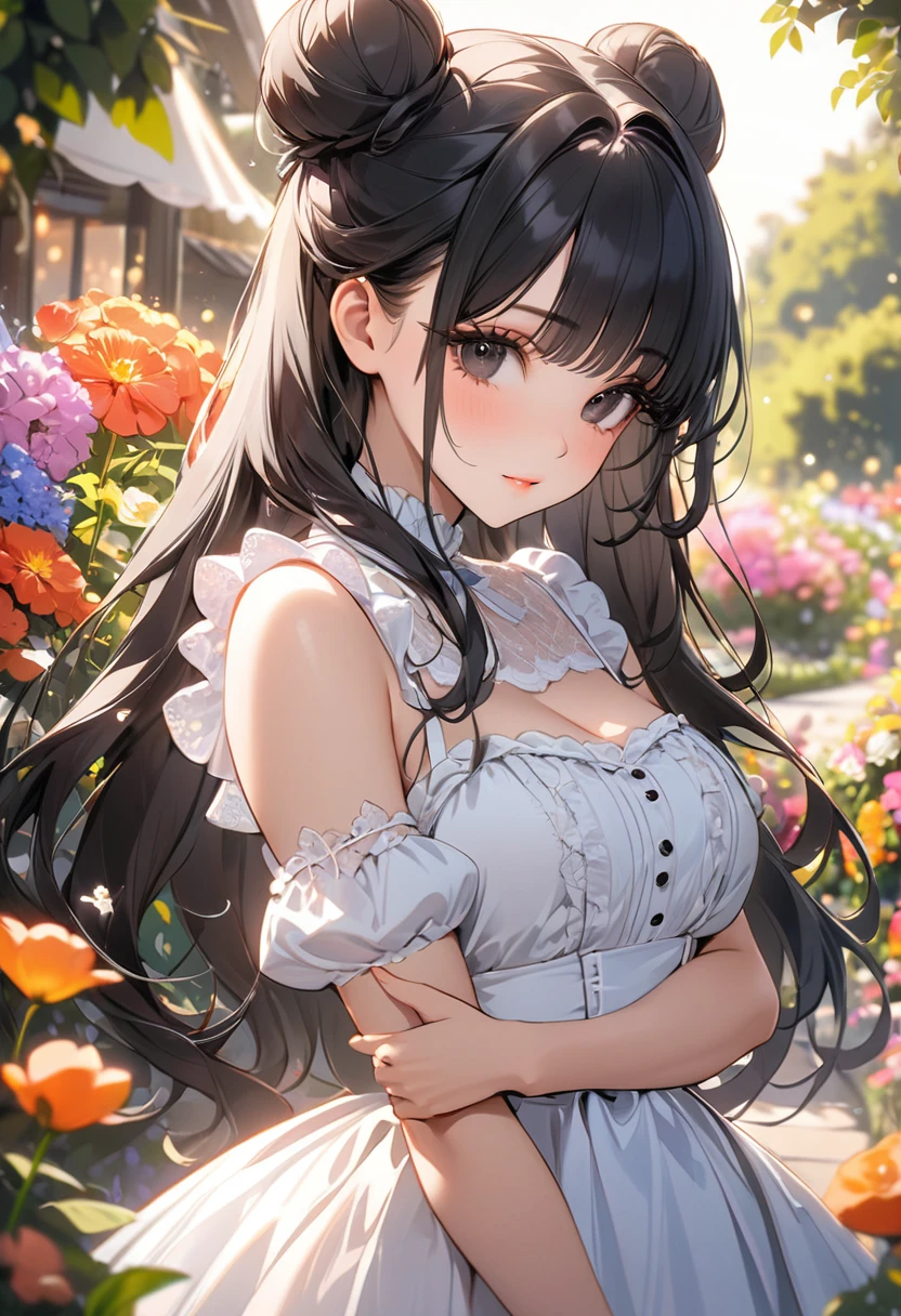 A teenage girl、(masterpiece:1.4)、(in 8K、realisitic、Raw photo、top-quality:1.4)、(Real Face:1.4)、(real looking skin:1.3)、超A high resolution、A hyper-realistic、Eyes in Beautiful Details、Long black hair、Floral hair ornament、Black dress、no-bra、(huge-breasted:1.5)、gargantilha、Blushing、smil、alluring face、flower field、I'm holding a bouquet of flowers