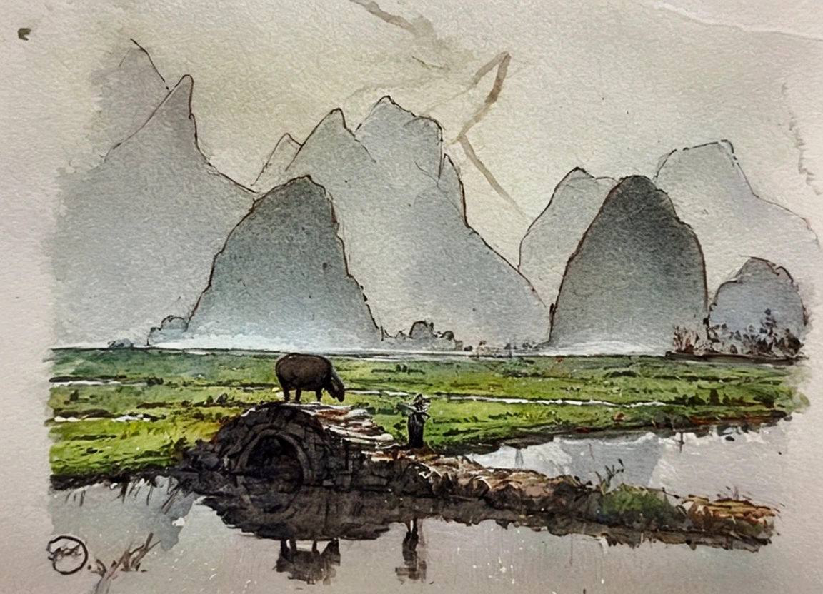 serene, Rural landscape, Old stone bridge, Bison eating grass, solitary figure, natural scenery, Vast green fields, Misty Mountains, Soft watercolor tones, Peaceful atmosphere, Reflections in water, cloudy day, subtle Colors, A calm mood, Distant Horizon, Wide-angle view, gentle brushstrokes, serene countryside