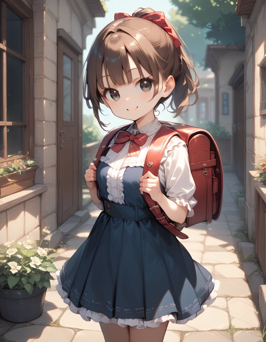 Masterpiece, hd, 1girl, brown hair, ponytail, hair ribbon, wearing cute dress, frilled dress,  dress, bowtie, standing, outdoor, smile, wearing randoseru backpack,(backpack:1.2)