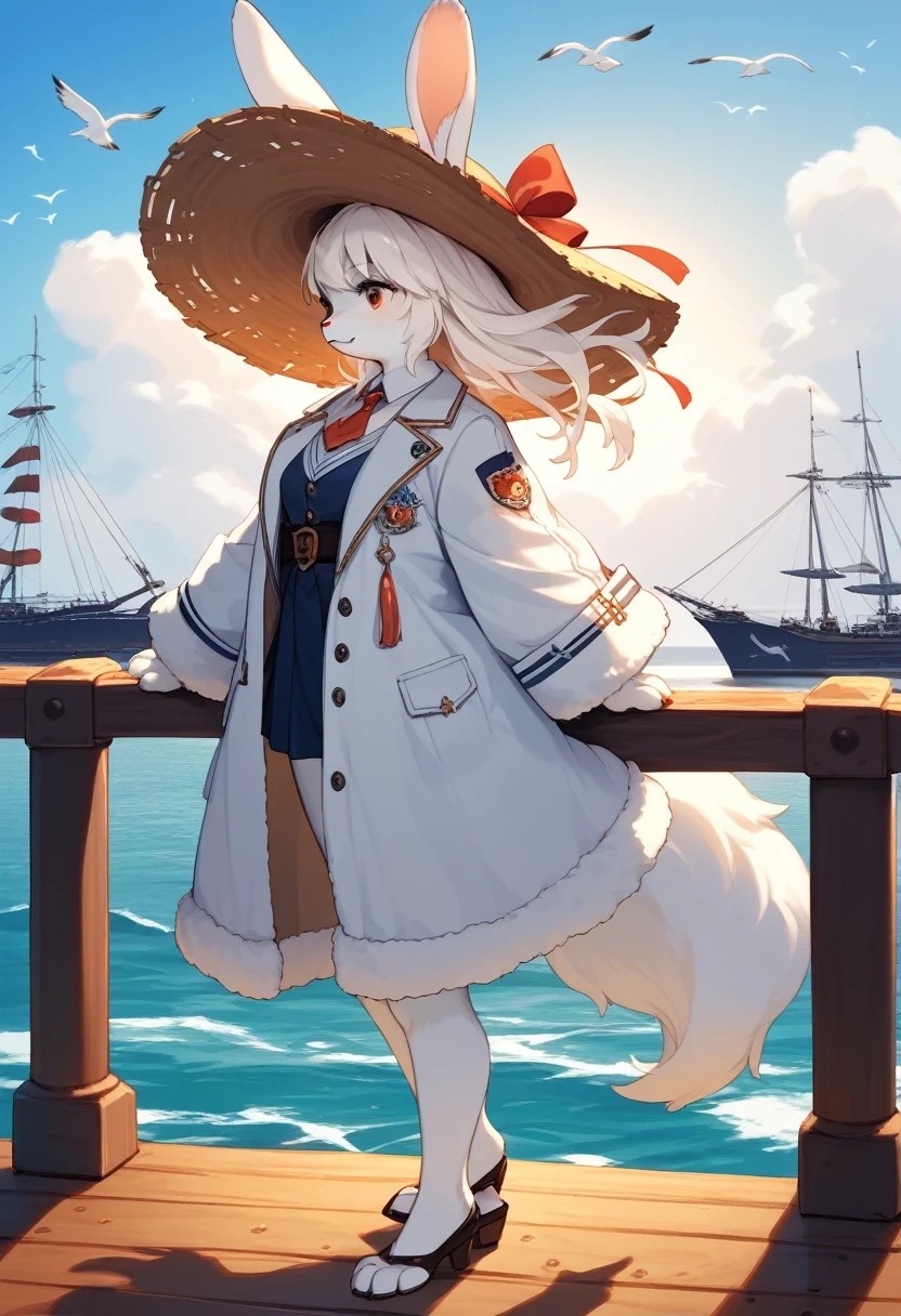 score_9, score_8_up, score_7_up, score_6_up, score_5_up, score_4_up, source_anime, source_furry, best quality, masterpiece, 1 female, (anthropomorphic Rabbit, furry, kemono),  A side view of a woman wearing a wide-brimmed hat, standing on an old wooden pier in summer. The image is in sepia tones, with a large cruise ship in the distance, seagulls gliding through the air, and cumulus clouds towering in the sky. The soft light of the setting sun adds a touch of nostalgia and tranquility, fluffy tail, fluffy coat,