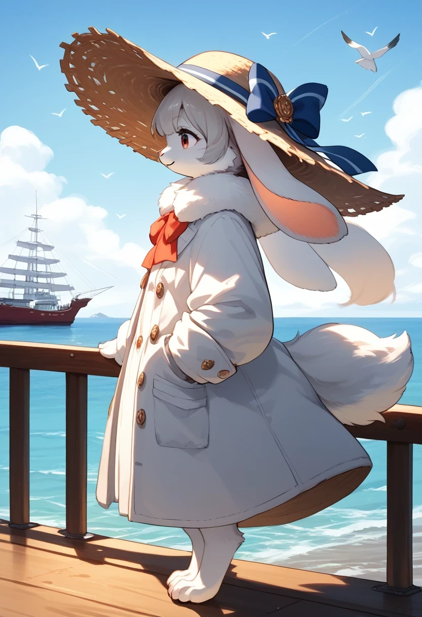 score_9, score_8_up, score_7_up, score_6_up, score_5_up, score_4_up, source_anime, source_furry, best quality, masterpiece, 1 female, (anthropomorphic Rabbit, furry, kemono), A side view of a woman wearing a wide-brimmed hat, standing on an old wooden pier in summer. The image is in sepia tones, with a large cruise ship in the distance, seagulls gliding through the air, and cumulus clouds towering in the sky. The soft light of the setting sun adds a touch of nostalgia and tranquility, fluffy tail, fluffy coat,