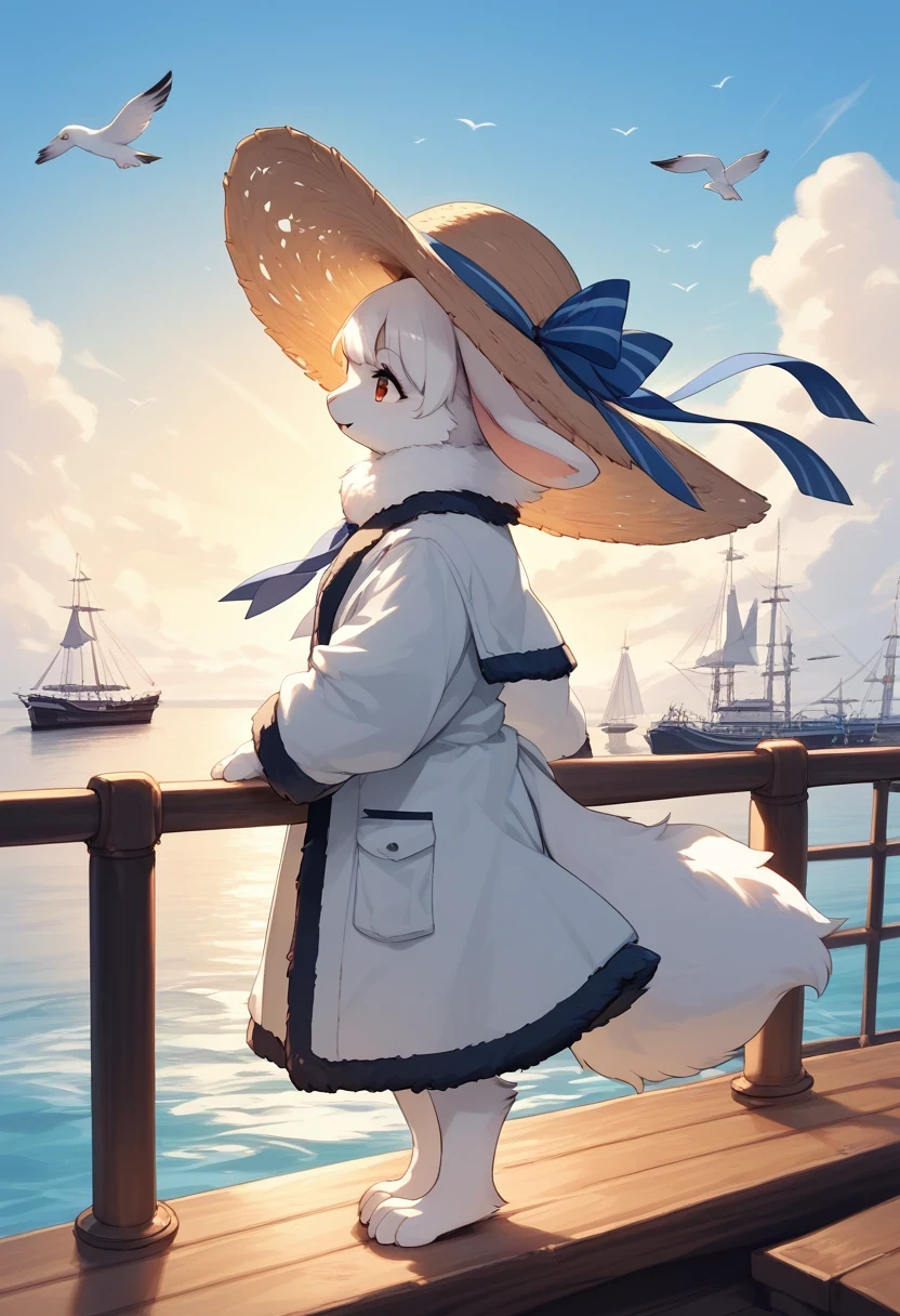 score_9, score_8_up, score_7_up, score_6_up, score_5_up, score_4_up, source_anime, source_furry, best quality, masterpiece, 1 female, (anthropomorphic Rabbit, furry, kemono),  A side view of a woman wearing a wide-brimmed hat, standing on an old wooden pier in summer. The image is in sepia tones, with a large cruise ship in the distance, seagulls gliding through the air, and cumulus clouds towering in the sky. The soft light of the setting sun adds a touch of nostalgia and tranquility, fluffy tail, fluffy coat,