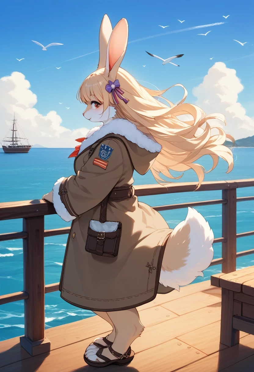 score_9, score_8_up, score_7_up, score_6_up, score_5_up, score_4_up, source_anime, source_furry, best quality, masterpiece, 1 female, (anthropomorphic Rabbit, furry, kemono), fluffy tail, fluffy coat, Side view of a woman standing on a summer pier, captured in sepia tones. A large ship is anchored close by, with seagulls soaring and massive cumulonimbus clouds looming in the background. The setting is a serene summer evening, with the warm hues of the sunset illuminating the calm sea and far-off mountains. The pier’s wooden texture is vividly detailed, and the woman’s hair flows softly in the wind,
