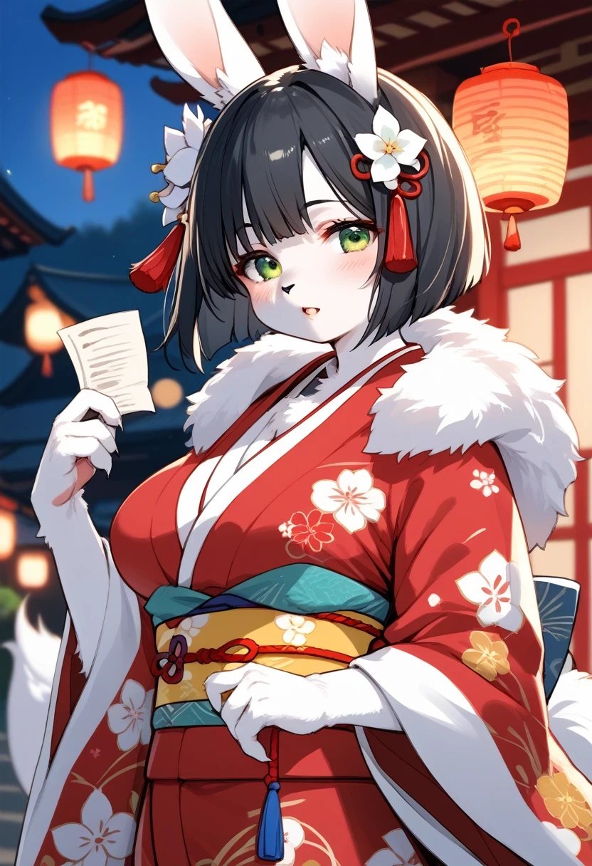 score_9, score_8_up, score_7_up, score_6_up, score_5_up, score_4_up, source_anime, source_furry, best quality, masterpiece, 1 female, (anthropomorphic Rabbit, furry, kemono), japanese clothes, green eyes, solo, kimono, black hair, short hair, hair ornament, red kimono, blush, floral print, sash, bob cut, obi, wide sleeves, long sleeves, breasts, upper body, flower, hair flower, open mouth, blurry, yellow sash, :o, tassel, print kimono, blurry background, medium breasts, lantern, tassel hair ornament, paper lantern, parted lips, fluffy tail, fluffy coat,