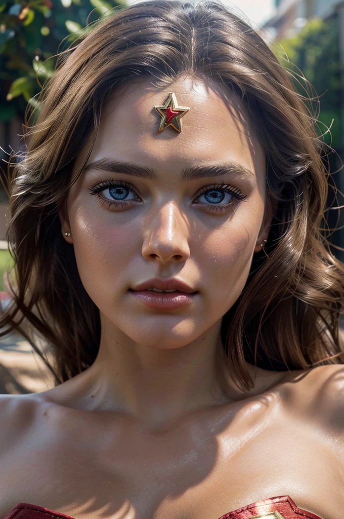 big eyes, Wonder Woman Suit, very delicate face, Detailed eyes, (Realism:1.5, Photorealistic:1.5), realistic, realistic, Extremely detailed, hyper detail, soft lighting, detailed background, extreme detail background, vivid details, big bust( exposure, Clear nipples) , Wonder Woman Costume, bikini, voluptuous breast,  Blonde hair, blue eyes, Tight skin, Emily DiDonato
