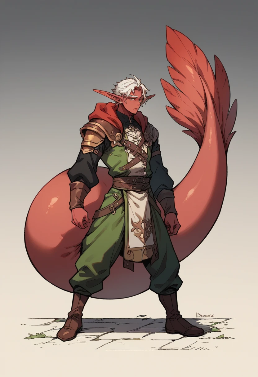 1 boy, red skin color, long blu colored hair (very large elf-style pointy ears), very gigantic tail, tail 5 times longer than the body, dino tail , tail covered  feathers . Black medieval 