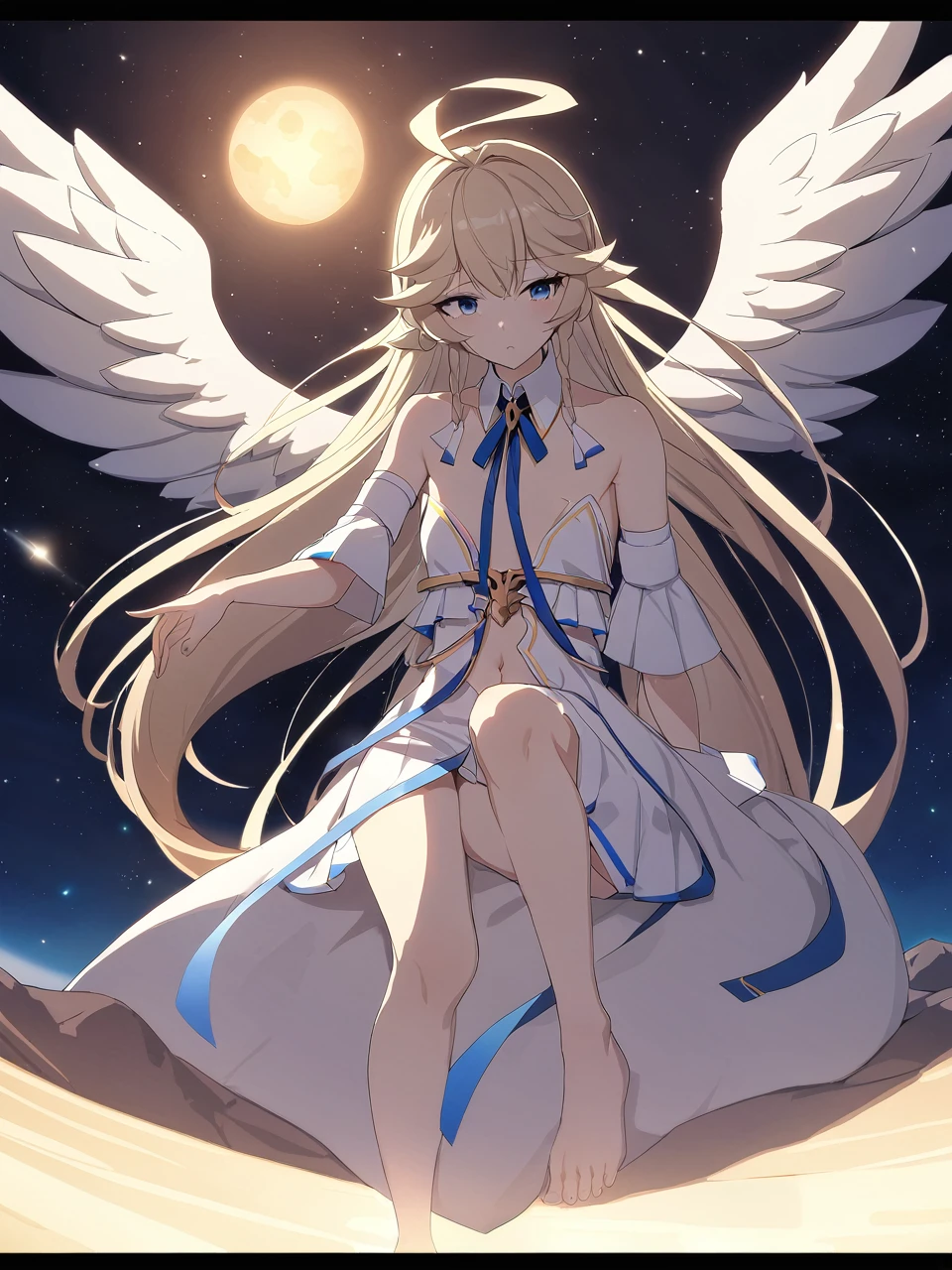 dsaola, blue eyes, (Variegated eyes:0.5), Blonde, Very long hair, Twin Blade, bangs, Ahoge, Hello, Angel, Flat Chest, White Dress, Navel clipping, Detachable collar, Strapless, Neck ribbon, Exposing shoulders, Angel wings, barefoot, One girl, Solo rest area, planet, Depth of written boundary, Cinematic, masterpiece, Highest quality, Game CG
 