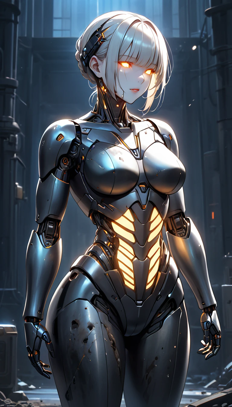 Ultra-high resolution, retina, Anatomically correct, Textured skin, masterpiece, Accurate，alone，high quality,Very detailed，(Robot Woman),(Iron body:1.7),(Glowing Skin:1.8),(Bright light),(Standing position:1.7),[Detailed aspect],(Dirty face:1.7),(Police robot)(Blue and white)
