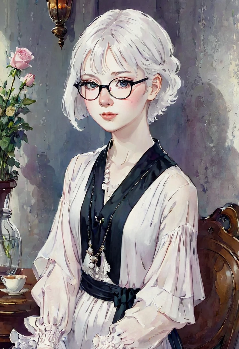 Good morning! (pink clothing), Cute 18 yo (albino:1.4)woman of Slavic descent.(short:1.1), , long white hair, gray eyes, ((very pale:1.4)). Innocent look. Gentle spirit.(virgin), (joy),(laughter:1.3). (Playful:1.2). Mascara, eyeglasses, necklace, jacket, blouse, ruffle dress, (black pantyhose), high heels.