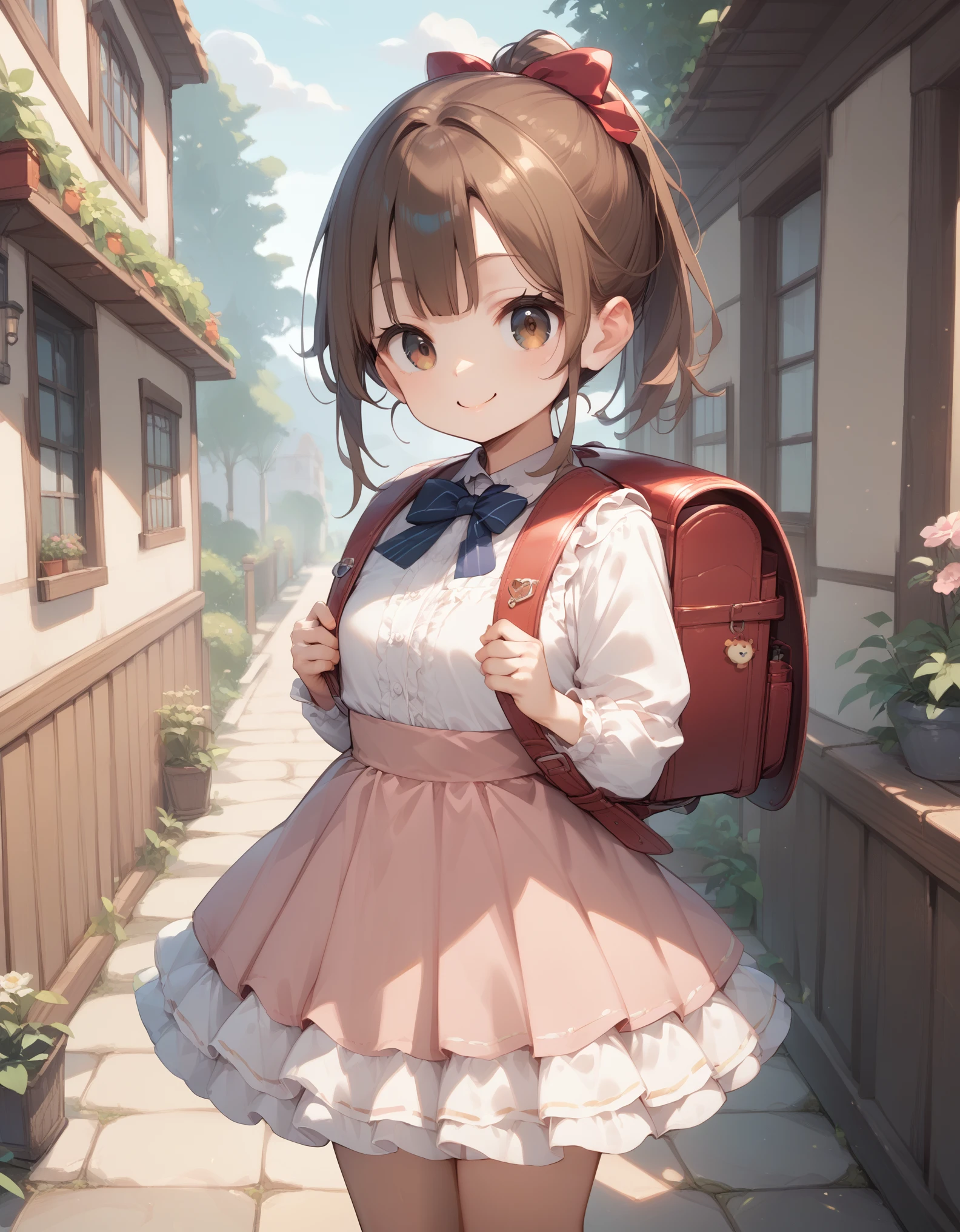 Masterpiece, hd, 1girl, brown hair, ponytail, hair ribbon, wearing cute dress, frilled dress,  dress, bowtie, standing, outdoor, smile, wearing randoseru backpack,(backpack:1.2)