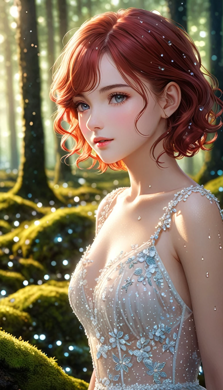 Cute woman in the drizzle, (elegant, Beautiful Face), Transparent white dress, Forest Moss, (freckles:0.8), Flower Field, , Curly Red Hair, Magical atmosphere, (short hair), ((Detailed skin, Skin Texture)), Ultra-detailed, (Exquisitely crafted, Fine details, Ultra-detailed), Ray Tracing, Scattered beneath the surface, (Fantasy underworld in the background), Diffused and soft lighting, Shallow depth of field, by (by Oliver Wetter), 