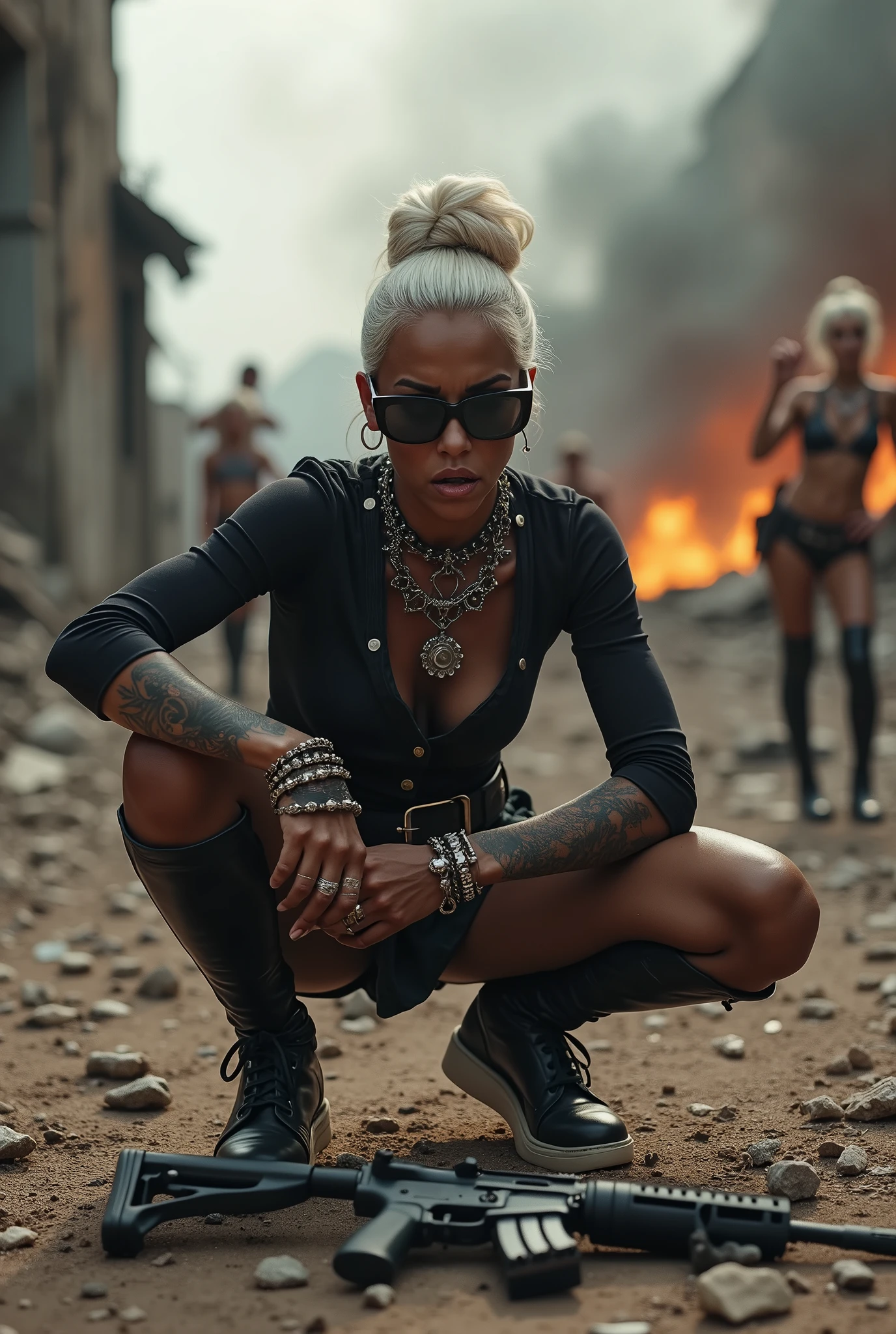 Sydney Harbour, 1girl, black woman, in the style of Mad Max, Sydney Opera House burning and collapsed, girl has mirrored sunglasses, torn leather jacket, apocalyptic city, city devastated by zombies