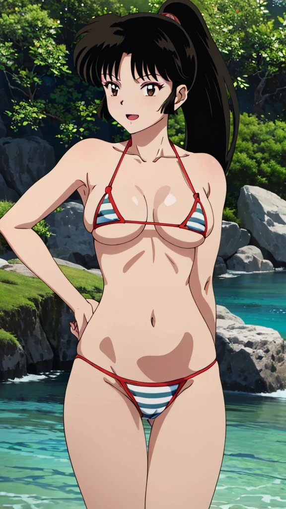 (masterpiece, 4K, Highest quality, anime style: 1.9, Detailed face, cute, Ocean,bold, High resolution, anime, Lake 4. alone, Curvaceous, Very slim belly, Cowboy Shot, 1 girl,,(Blue striped micro bikini),,smile,Please open your mouth wide,View your viewers,Big Breasts,Naked in a swimsuit,Inuyasha - Sango,Black Hair,Brown eyes,Accurate limbs,(Sexy pose),ponytail