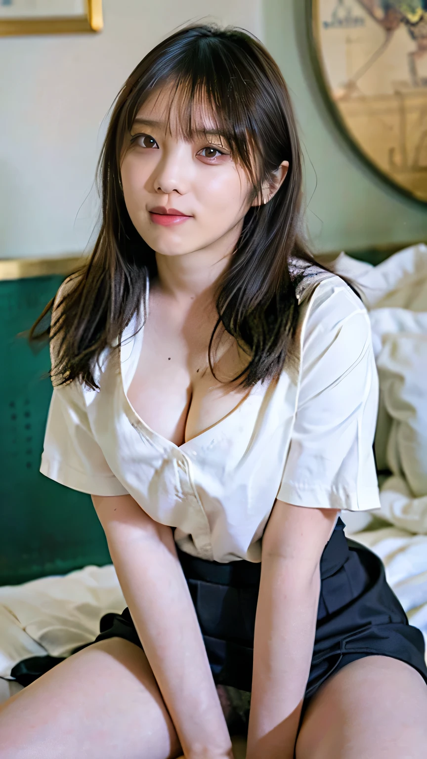 (masterpiece, Highest quality, 8k, RAW Photos, beautifully、beautiful:1.2), Intricate details, indirect lighting, Realistic, whole body, Sitting on a hotel bed、White blouse、Her cleavage is visible、Gazing at the audience、smile、Happy、Voyeur、 High School Uniform、 woman'training , Chair to sit under skirt,Ultra-high resolution,8k,Bokeh,Sharp focus,Highly detailed face,Spanish Girls,beautiful足,thin,(Large Breasts),Super Detail Eyes