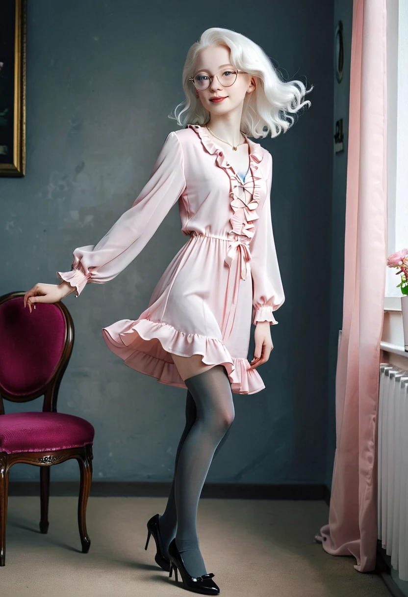 Good morning! (pink clothing), Cute 18 yo (albino:1.4)woman of Slavic descent.(short:1.1), , long white hair, gray eyes, ((very pale:1.4)). Innocent look. Gentle spirit.(virgin), (joy),(laughter:1.3). (Playful:1.2). Mascara, eyeglasses, necklace, jacket, blouse, ruffle dress, (black pantyhose), high heels.