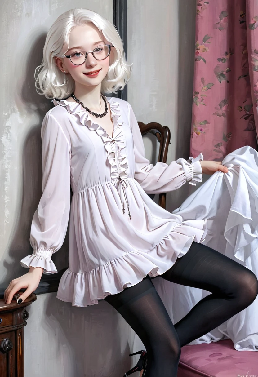 Good morning! (pink clothing), Cute 18 yo (albino:1.4)woman of Slavic descent.(short:1.1), , long white hair, gray eyes, ((very pale:1.4)). Innocent look. Gentle spirit.(virgin), (joy),(laughter:1.3). (Playful:1.2). Mascara, eyeglasses, necklace, jacket, blouse, ruffle dress, (black pantyhose), high heels.