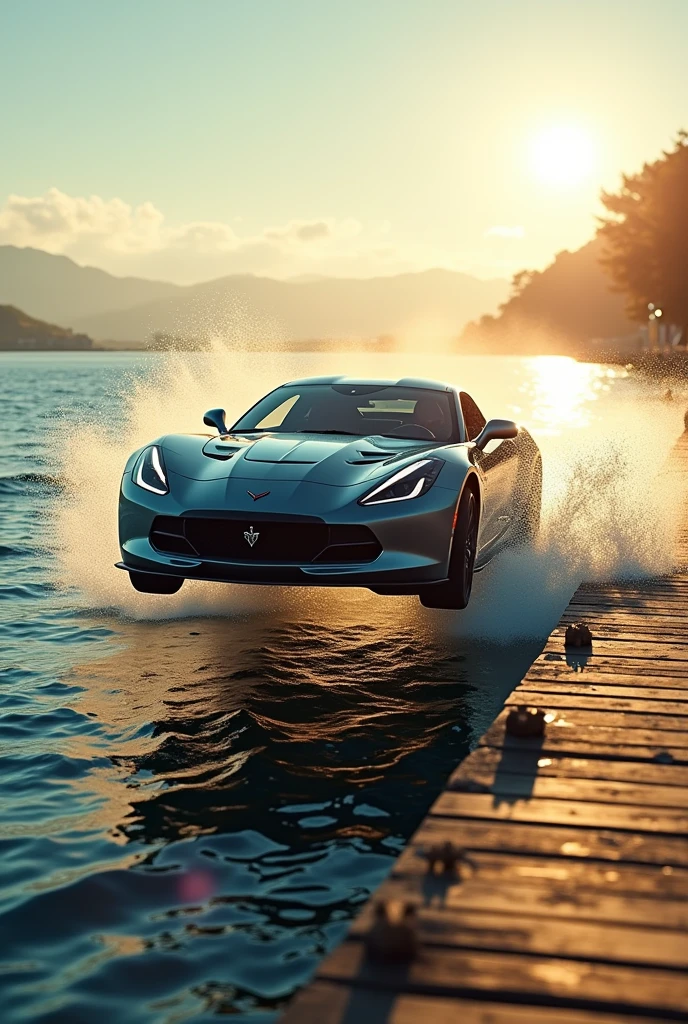 A car jumps off a pier at high speed in the summer