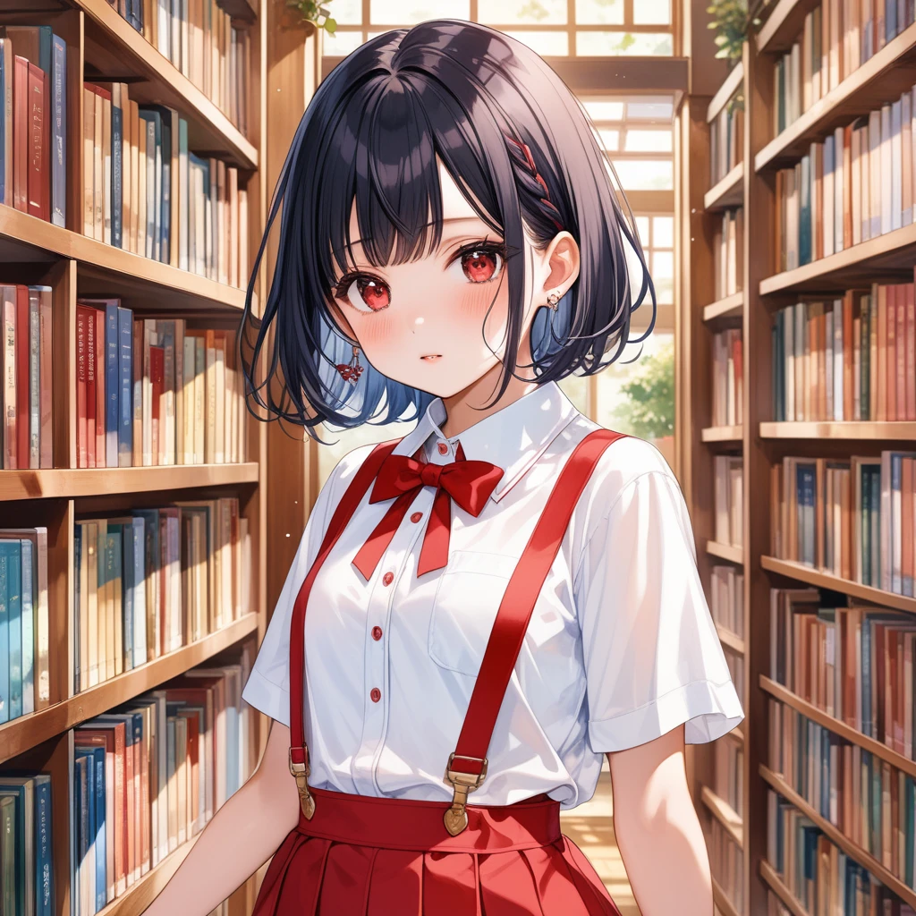 score_9,score_8_superior,score_7_superior,score_6_superior,score_5_superior,score_4_superior 、8k,1. Cute Japanese Girl、low length、slender、A nervous attitude、こりらを見superiorげる、Flat Chest、Black hair color、Shaggy Hair、Brown eyes、Drooping eyes、Bangs that cover one eye、blouse、Pleated skirt、Slightly leaning forward、library