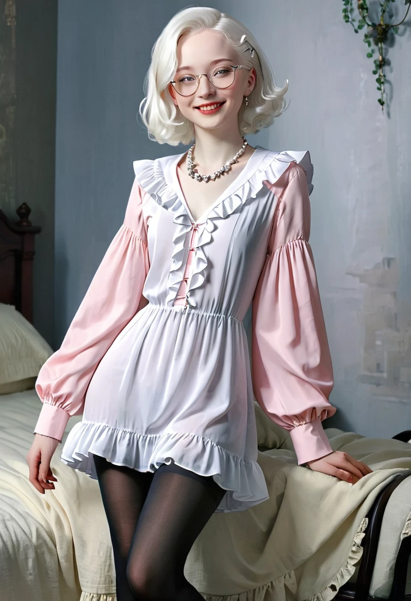 Good morning! (pink clothing), Cute 18 yo (albino:1.4)woman of Slavic descent.(short:1.1), , long white hair, gray eyes, ((very pale:1.4)). Innocent look. Gentle spirit.(virgin), (joy),(laughter:1.3). (Playful:1.2). Mascara, eyeglasses, necklace, jacket, blouse, ruffle dress, (black pantyhose), high heels.