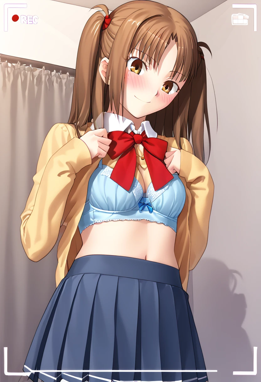 masterpiece, absurdres, (high quality), (detailed lighting), detailed skin, detailed character design, ultra-high resolution, perfectly composed, clear, breathtaking attention to detail, highres, ultra detail, 8k wallpaper,girl,young,Yumizuka Satsuki, brown eyes, brown hair, parted bangs, sidelocks, two side up,slutty_clothes,school uniform,brack bra,black panties,solo focus, low angle,smile,full blush,shy,((Camera viewfinder)), erotic posture