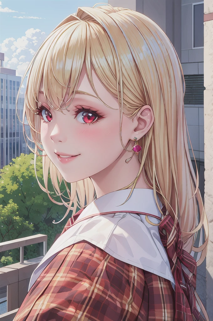 A high quality detailed portrait of a beautiful young girl with long blonde hair and colorful highlights, red eyes, wearing jewelry like earrings and a necklace, in a school uniform with a white blouse, tie, and plaid skirt, smiling brightly and posing outdoors, hyperrealistic, 8k, masterpiece