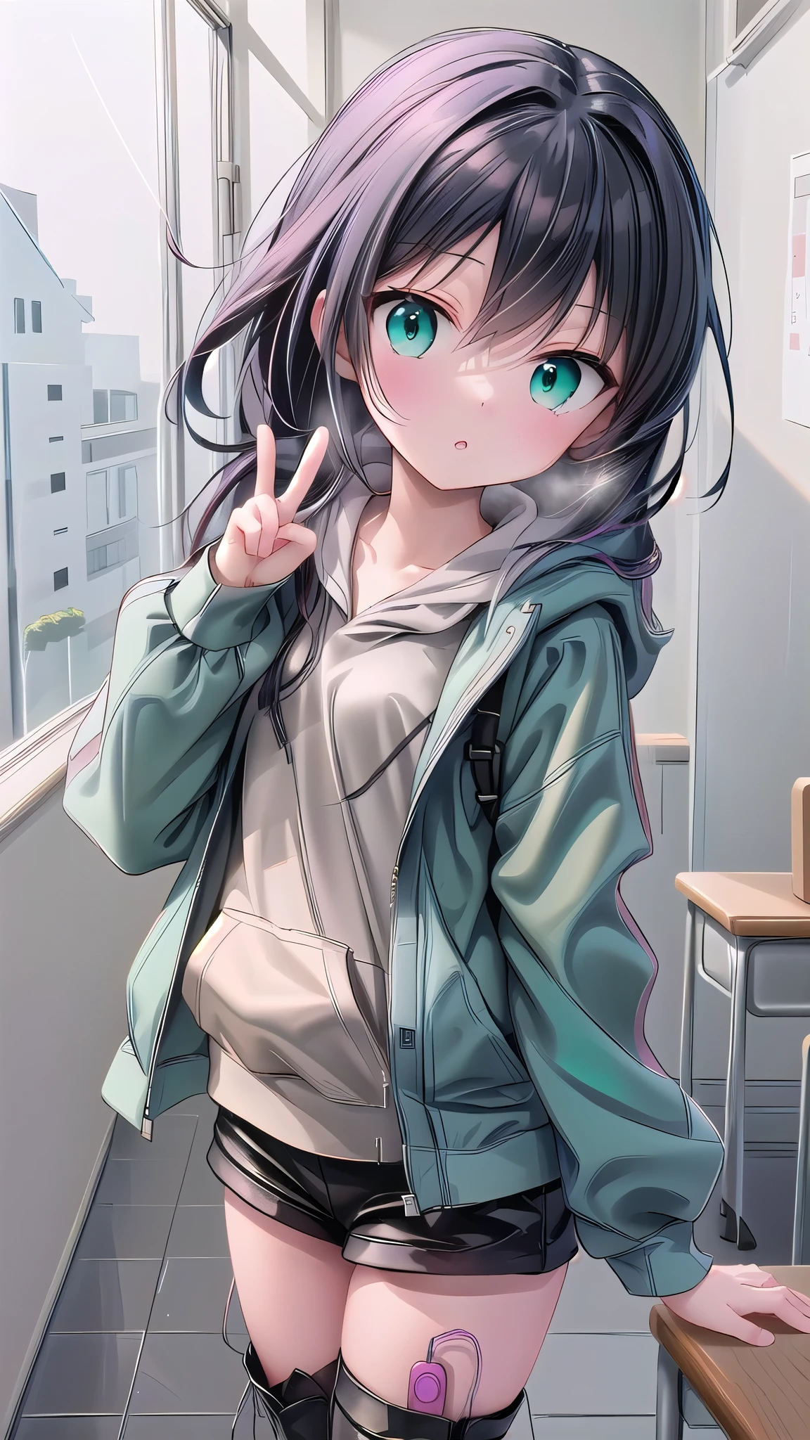 Anime Girl with black hair and green eyes making a peace sign, Goshintai, Anime Girl with teal hair, Anime style 4k, Anime cute art style, 2DAnime style, Best Anime 4K Konachan Wallpapers, Anime Characters, Anime atmosphere, an Anime Girl, Anime style, Night Core, (Anime Girl), Anime style肖像，hoodie，Black short hall scene，Black leather boots，vibrator in thighhighs，thighvibe，shy，classroom