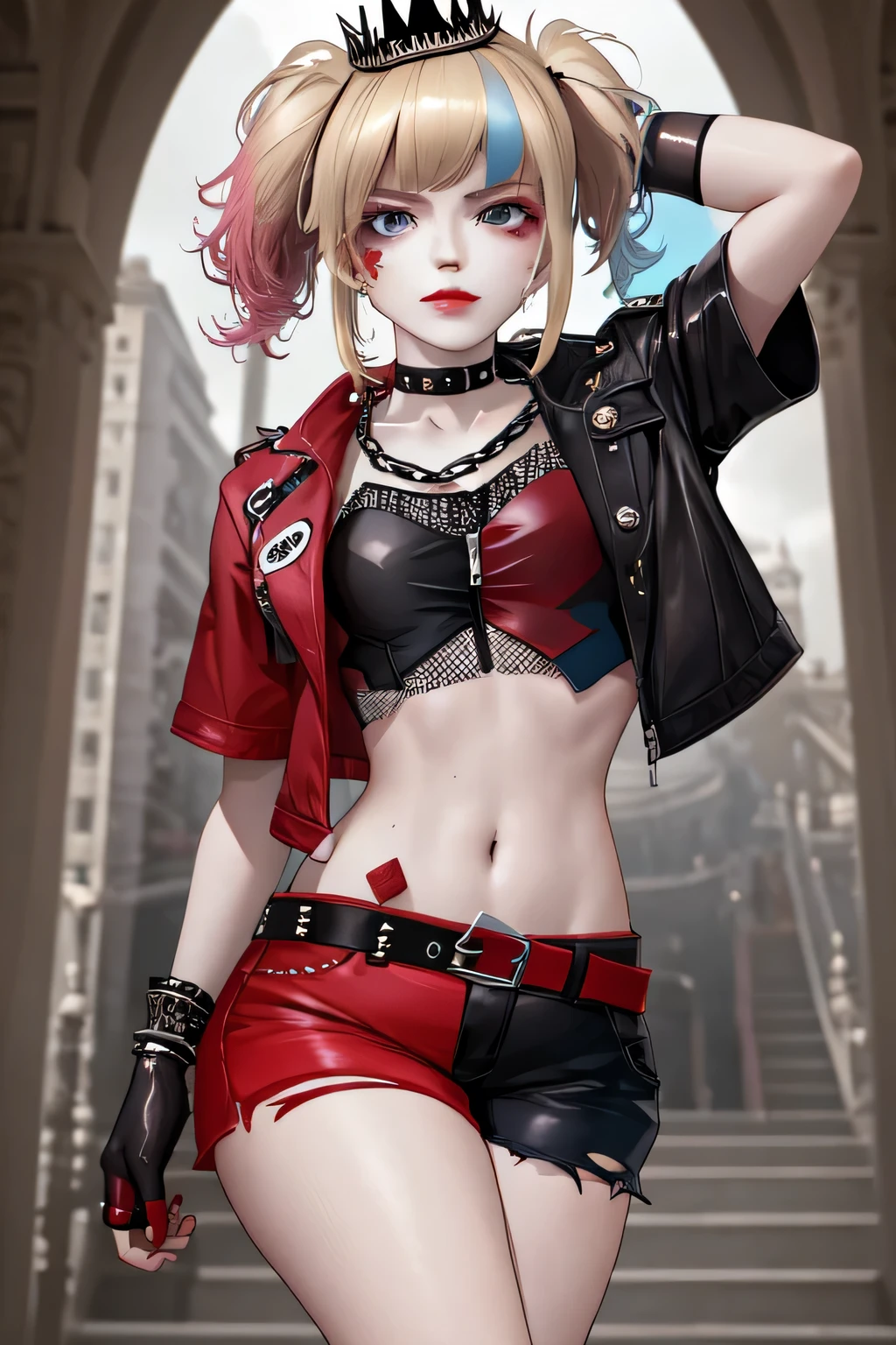 masterpiece, best quality, highres, 1girl, choker crown open jacket short sleeves shorts midriff studded belt fishnets chain gloves bracelet