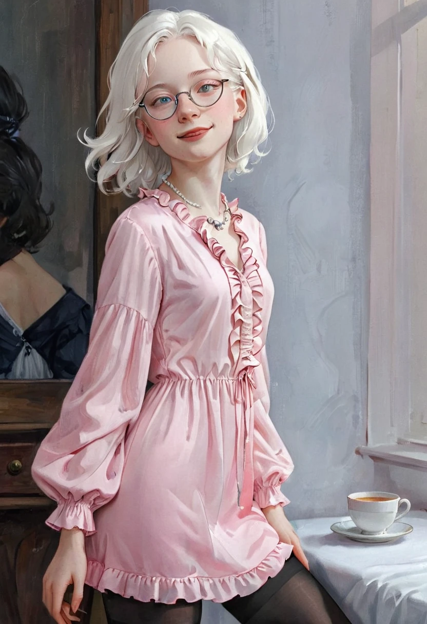 (aroused, wanna make love?),Good morning! (pink clothing), Cute 18 yo (albino:1.4)woman of Slavic descent.(short:1.1), , long white hair, gray eyes, ((very pale:1.4)). Innocent look. Gentle spirit.(virgin), (joy),(laughter:1.3). (Playful:1.2). Mascara, eyeglasses, necklace, jacket, blouse, ruffle dress, (black pantyhose), high heels.