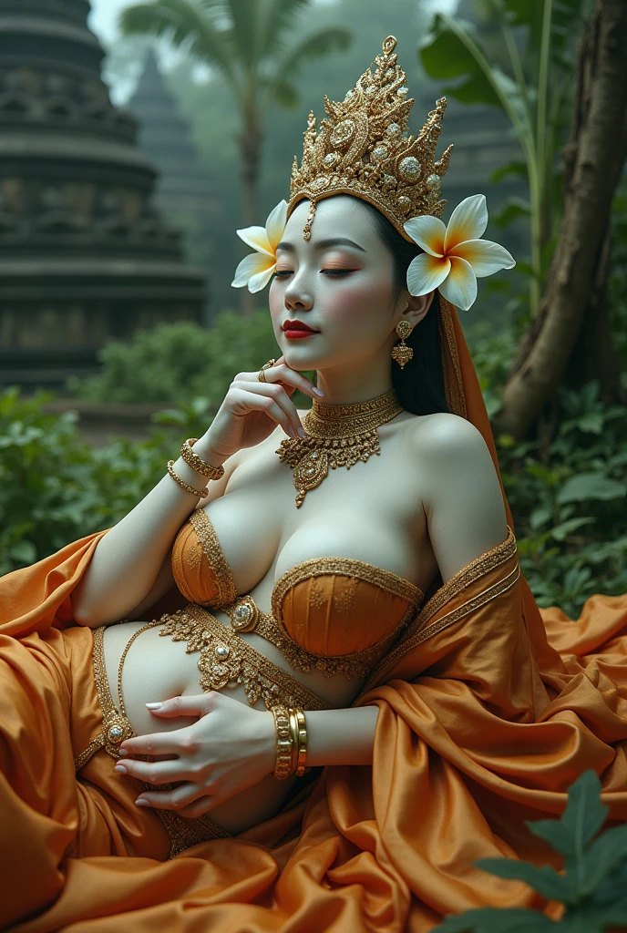 big breasts, ((((topless)))), nsfw, photography, woman, (Nita Gunawan), portrait of java wedding woman in (dark-green long kebaya dress) traditional, red lipstick, golden necklace, earrings, ornate, detail, flowers, realistic, walking in village, wide shot, detailed background
