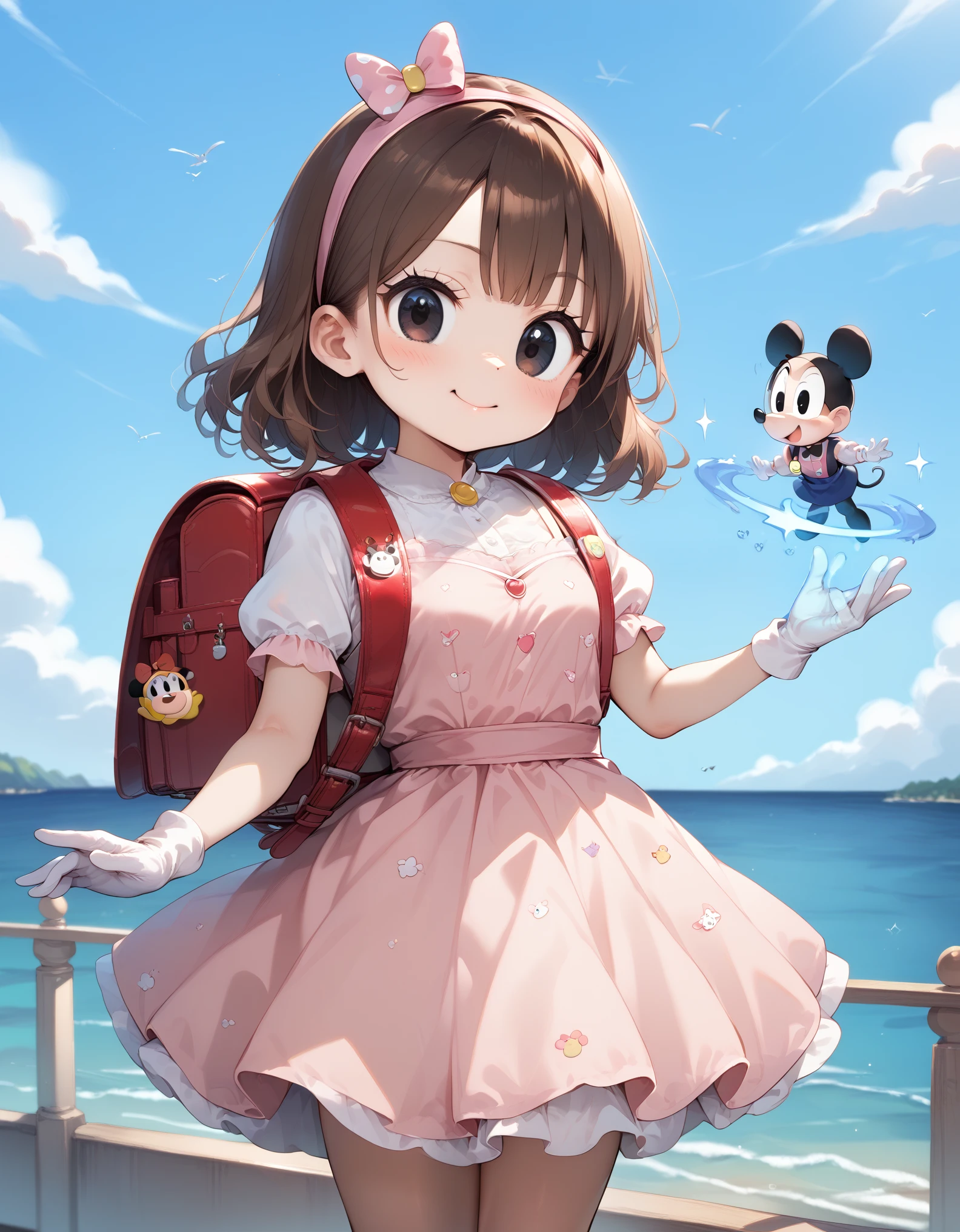 Masterpiece, hd, best quality, 1girl , , minnie mouse hairbands, ((high quality))brown hair, (brown hair:1.3), magical dress, magic , cosplay of a minnie mouse, dress, white and teal garment, sea - pink and white clothes, sanrio, white shirt and pink skirt cute,  dress,  costumes, wearing Red backpack, randoseru backpack 