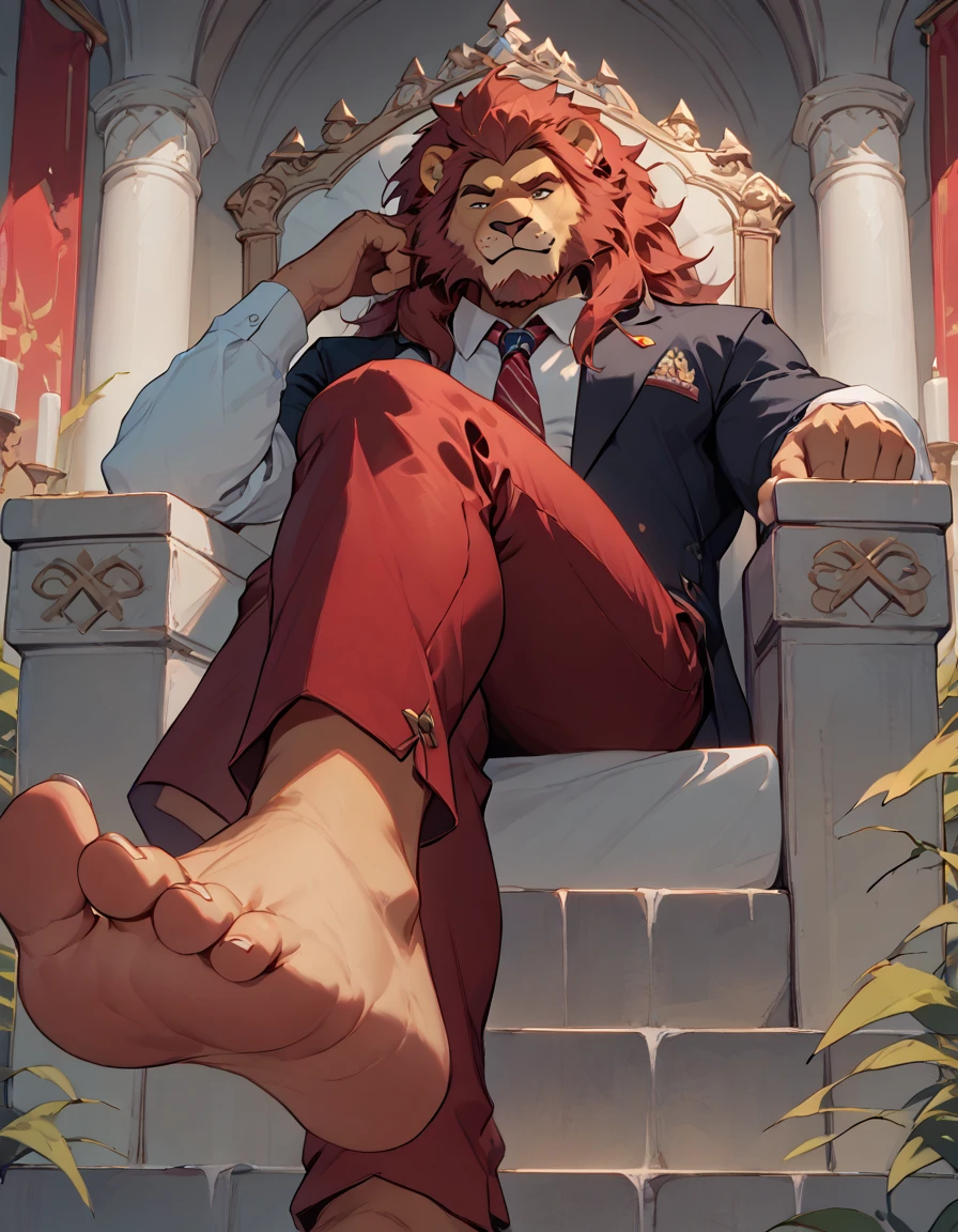 big, furry, muscular male, lion, mane hair, old man, sitting on throne, barefoot, burgundy pants, crossed legs, caloused feet, sole visible, foot focus, low angle view