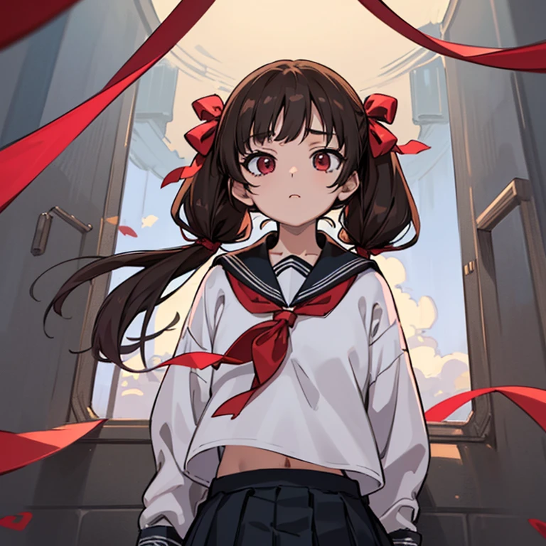 (best quality, masterpiece, ultra detailed, anime, 8k), anatomically correct, anime, 1girl, very long low twintails, red ribbon, black hair, serafuku, black sailor collar, white blouse, pink neckerchief,  dark brown eye, school, from front