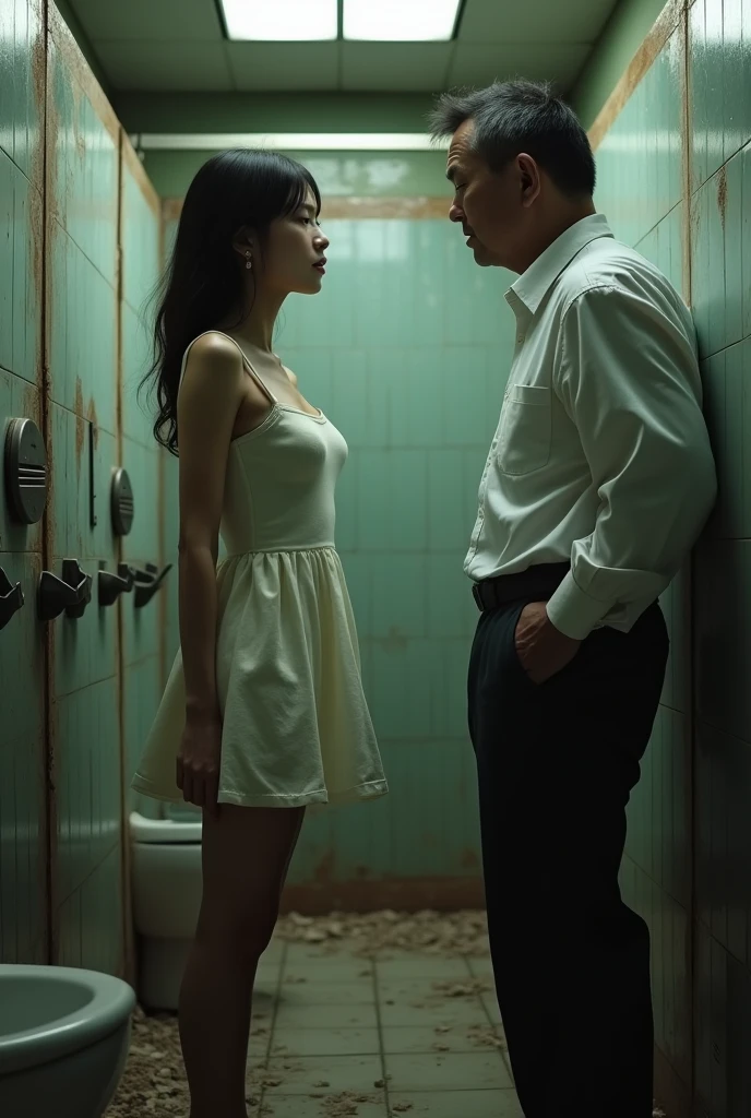 extremely Realistic, graphic, masterpiece, A detailed scenario of an restroom, Detailed background of an restroom, standing sexy tall Japanese (Woman 1), (Woman 1 standing facing camera:1.9), (formal dress), (The woman has huge tits and Big Ass:1.8), (long legs), (pantyhose), (((cleavage))), ((high heels)), (((disdain expression))), Blushed, small middle-aged Japanese man touches woman's breasts from behind, (man is ugly short Japanese:1.5), (man wears shabby clothes), (((man pressing his chest on Woman 1 back)))
