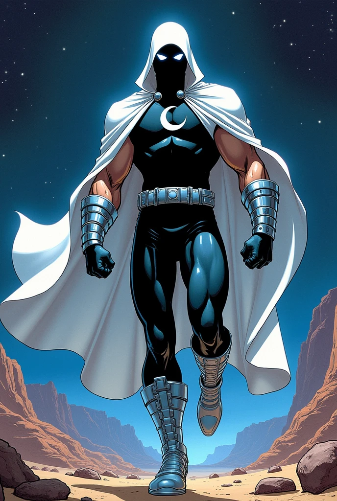 90s comics style. Moon Knight Full Body Portrait, a Marvel Comics superhero and vigilante, equipped with a sleek tactical suit that covers his entire body, combines a white and silver color scheme++. He wears a long, flowing white cloak with a hood.. The cape appears streamlined and billows behind him as he moves.; His face is hidden by a white cloth mask., leaving only bright blue-white eyes visible. This gives the character an air of mystery and intimidation.. He has an athletic and muscular build., highlighted by the tight suit, There is a silver crescent moon symbol on his chest++, displays a high level of physical skill. Parts of your outfit, like the forearms, the shins and sides, They are reinforced with silver armor-like components., Silver crescents adorn her waist++, offers protection and agility. It is represented levitating near the ground, in a night desert, view from below, Best Quality.
