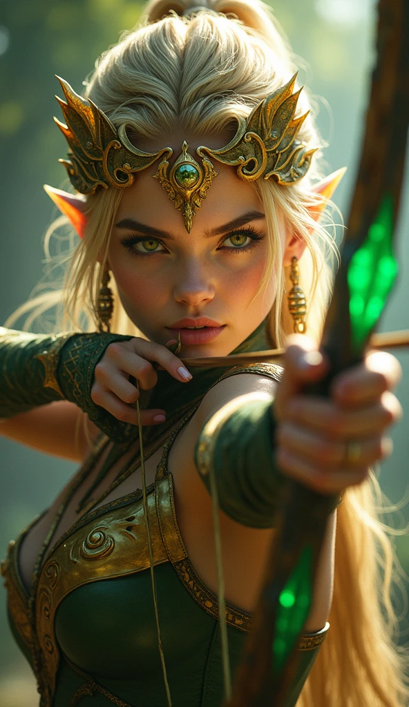 Many Elves、Shining Elf Shooting an Archery、A beautiful and delicate elf in a revealing outfit、(Elf movements expressed with motion blur effect:1.5)、(highest quality、4k、8k、High resolution、masterpiece:1.2)、Super detailed、(Real、Photorealistic、Photorealistic:1.37)、Detailed Elf、Ethereal lighting、green々Leaf、Magical atmosphere、Dramatic Shadows、Stunning night forest scene in vibrant colors