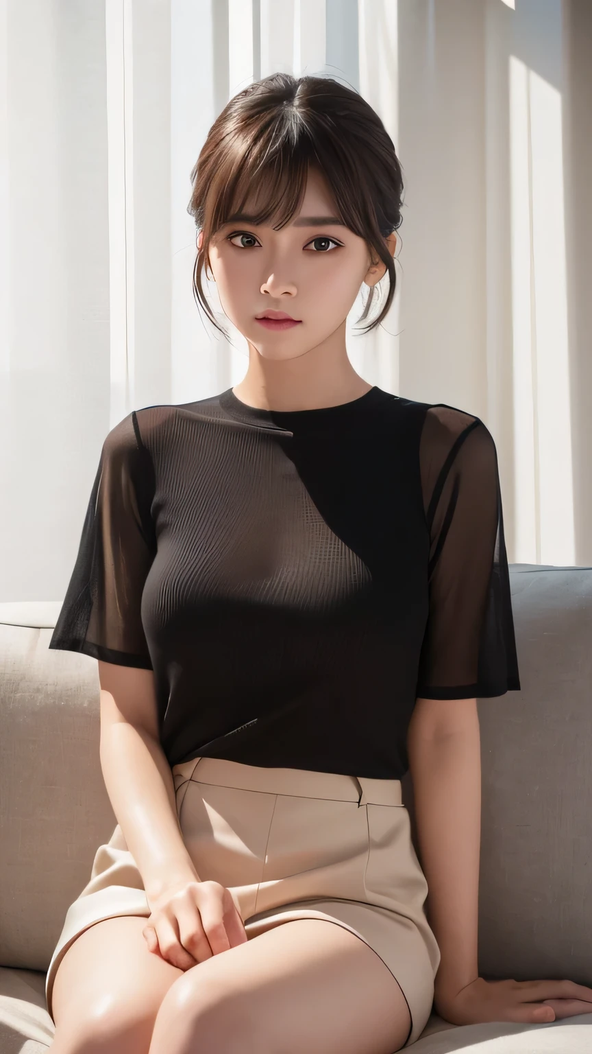 (Woman in her 20s), Beautuful Women、Full body like, Detailed and beautiful lips 、 Clear and beautiful face and well-proportioned eyes, (Very beautiful and discreet makeup、Light makeup, beautiful brown hair、Short Bob、Put your ears out )、well-formed nose、Thin eyebrows、like photo、 Fictional art、High resolution, Best Quality, Masterpiece、The 8k quality, Gorgeous Jewelry, Masterpieces of beautiful colors, Tindall Effect, Real Photos, High resolution, Soft light, High quality, Smooth and sharp, 10x pixelated、(Beautiful eyeshadow: 1.8), (Perfect eyes, Pretty Girl Solo: 1.8),、(NSFW)、Slimed、skinny、Ecstatic look、((Officelady、Business Women's Suits、a miniskirt))、Cute round face, unbelievable Ridiculous、foco nítido、(F Cup Breasts、Slimed、clear double eyelids、Patchley's Eye、 Wet body、Sweating、Very embarrassed look、The mouth is closed、Sexy mouth、Pantyhose are visible through the skirt、Plain white blouse with sheer、Dark colored miniskirts、(((Lift the hem of the skirt with both hands to show the pantyhose to the camera)))、is standing、Voluptuous thighs、Bokeh in the background、((Sheer pantyhose、Wearing panties under pantyhose))、Realistic body、Textured skin、high-heels、Lean proportions、Model body type、Detailed finger、extremely detailed eye and face、beautidful eyes、long eyeslashes、8Head and body、电影灯光、Light on the face、