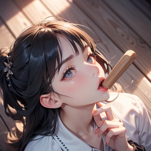 Sit and lean against a wall,looking ahead,from above,handjob,side view,face focus,open mouth,tongue out,cum on tongue,Licking the penis,(1girl,Beautiful 14 year old girl),((Slender,Small breasts,Baby Face,Small face,)),looking at viewer,Black Hair,bangs,two side up,Gray Eyes,Drooping eyes,slit pupils,narrow eyes,White sweater mini dress,bare shoulder,Jean Shorts,Beautiful and detailed anime art,Mischievous smile,Dimly lit room,Simple Background,Gray background,Low lighting