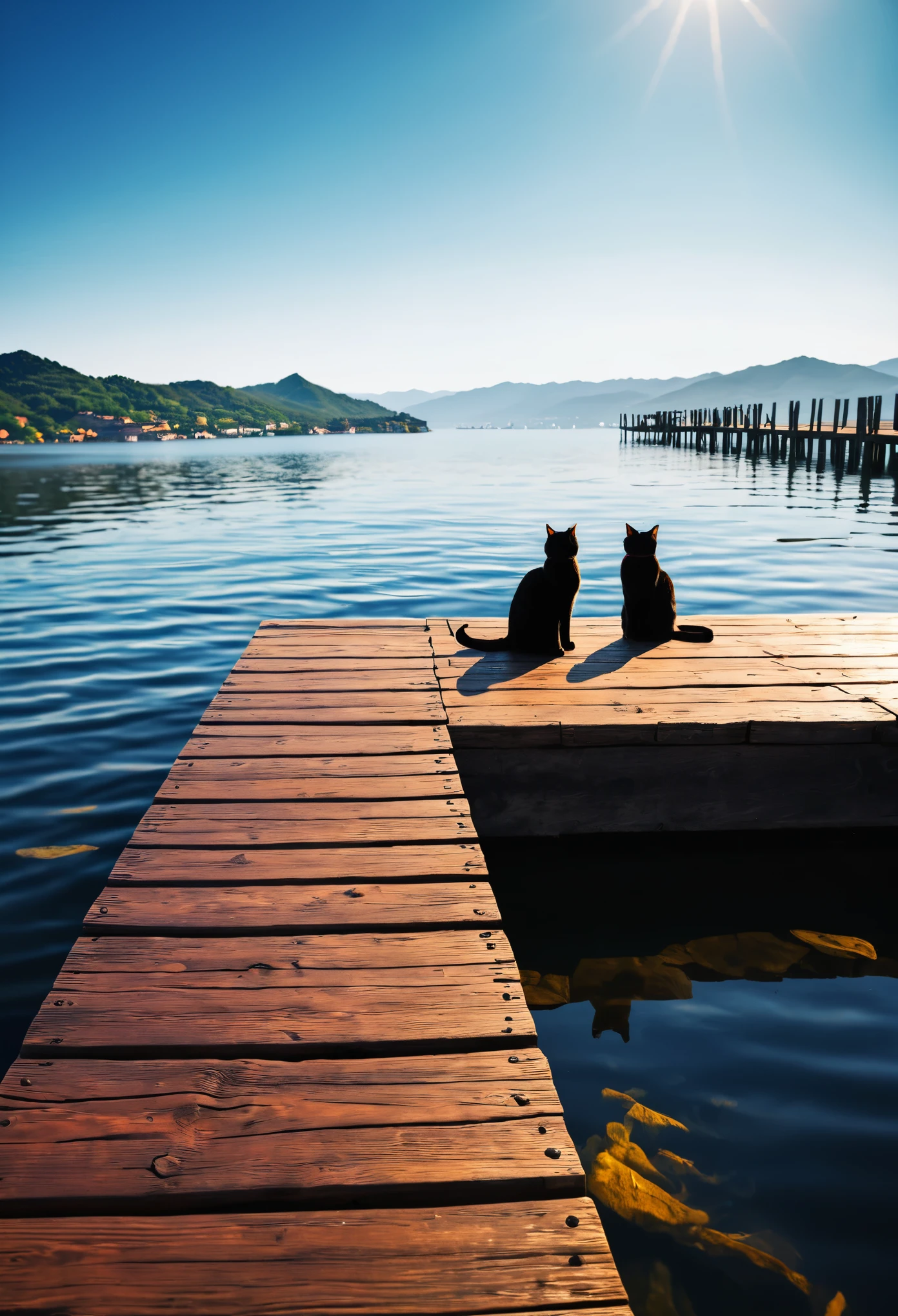 Peaceful wooden pier、Two black cats、high detail、Real、Photorealistic、Photorealistic:1.37、Highest quality、8k、High resolution、masterpiece:1.2、Super detailed、Cinematic lighting、dramatic colors、A bad mood、Reflection on the surface of the water、Dramatic lighting、Cinematic composition、Detailed Texture、Bright colors、Dramatic Shadows