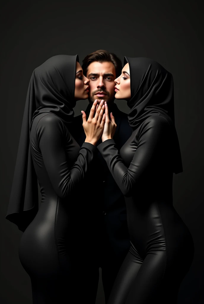 Navy blue headscarf on the beach, black long closed coat, barefoot, Sexy skinny woman. 3 men touching a woman