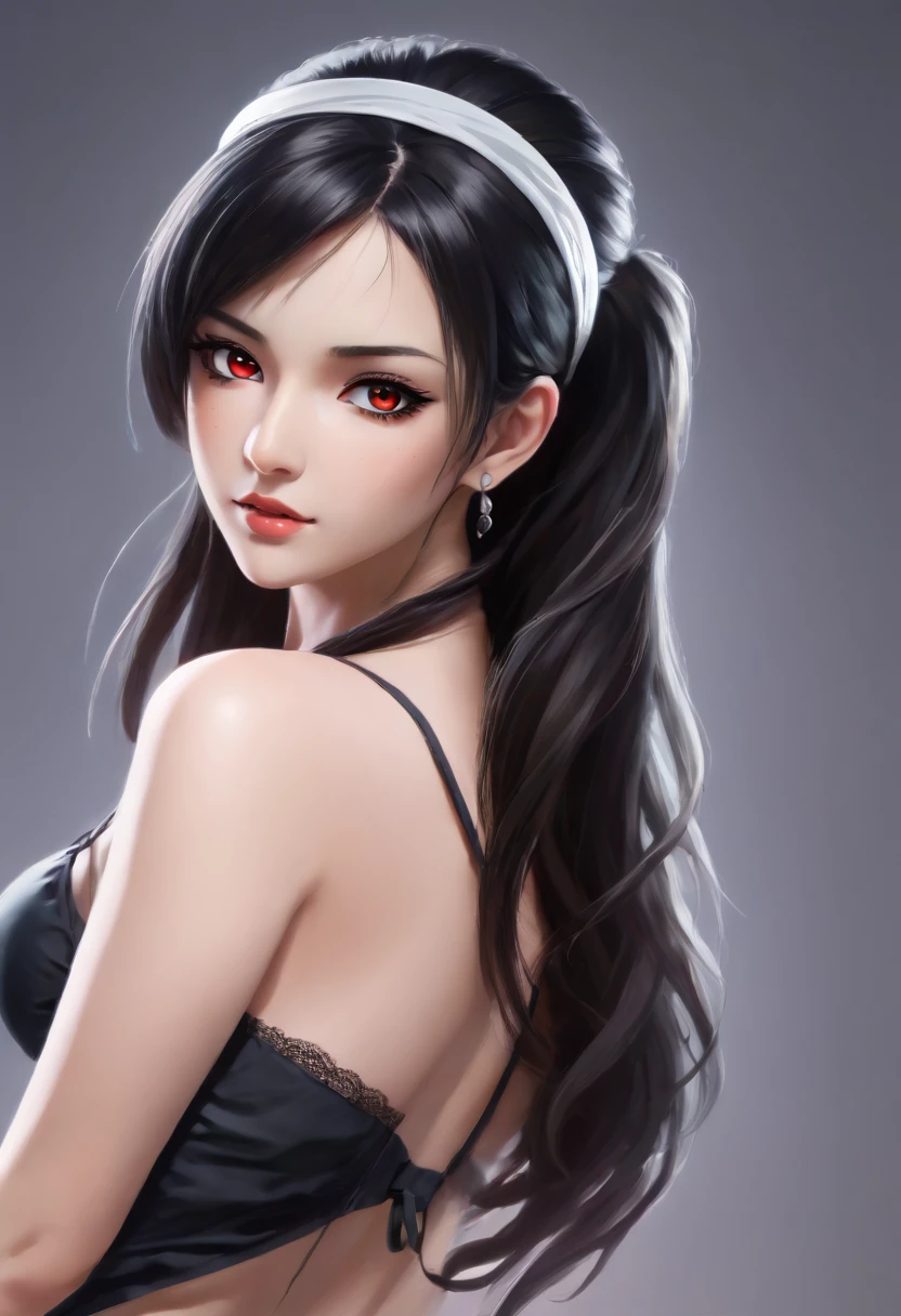 Create an alluring realistic image  of a young anime character with an elegant, modern design. She has a slender, well-defined figure and long, shiny black hair cascading in soft waves. A white headband accentuates her hairstyle, which is gathered in a low ponytail with loose strands framing her oval face. Her large, intense red eyes are beautifully outlined, giving her a captivating and enigmatic look. Her expression is serene yet slightly distant, suggesting a strong personality. She has smooth cheekbones and thin lips curving into a neutral expression, complemented by her clear skin that contrasts with darker features. She wears triangular dangling earrings that add sophistication. Position her in a seductive pose, wearing delicate lingerie, against a backdrop with dramatic lighting to enhance vibrant colors and textures.