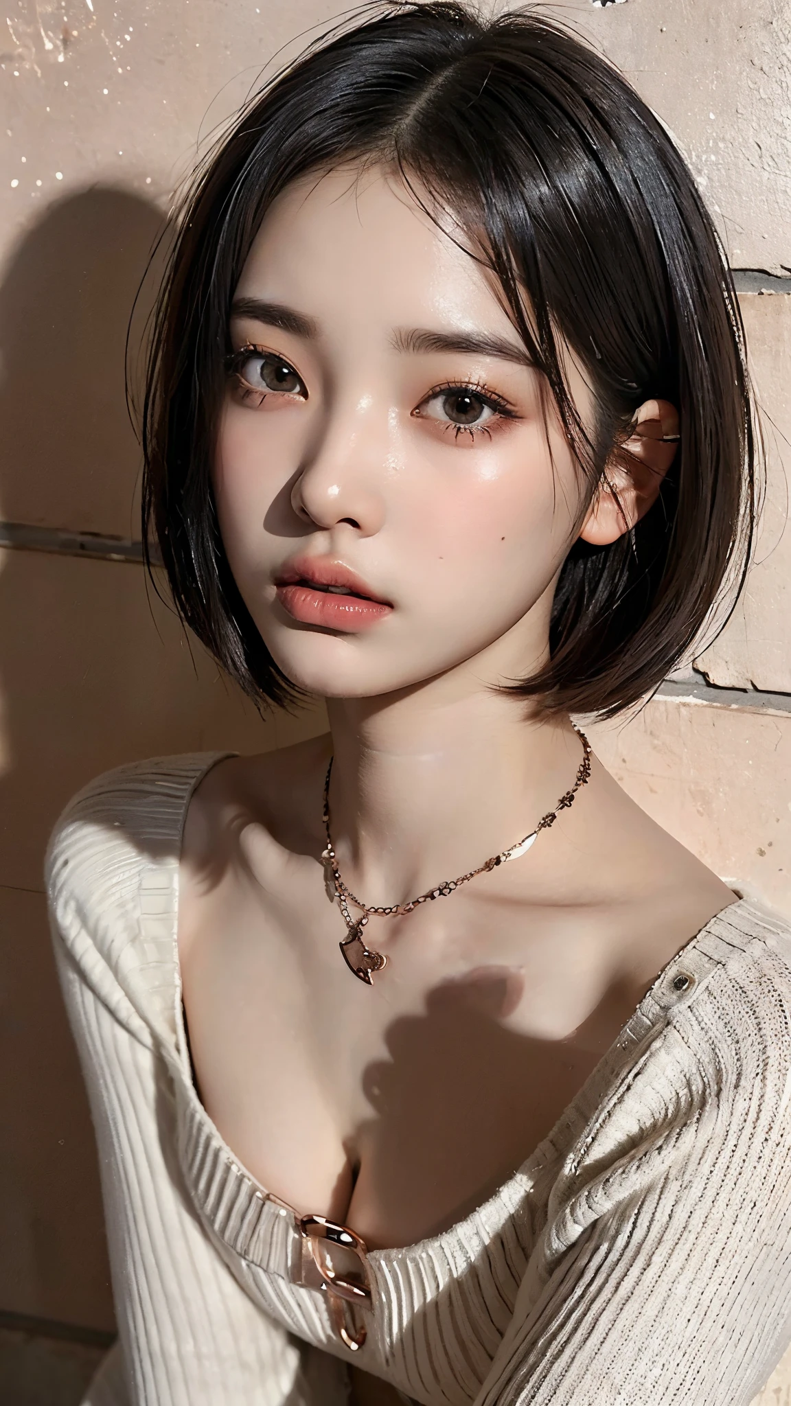 (UHigh resolution, retina, masterpiece, Accurate, Anatomically correct, Textured skin, Super Detail, Attention to detail, high quality, 最high quality, High resolution, 1080P, High resolution, 4K, 8k, 16K), (美しいAttention to detail目, Beautiful lip detail, Highly detailed eyes and face), Soft lighting, Physically Based Rendering, Vibrant colors,(((最high quality、 masterpiece, 高精細CG8kイラスト, Graffiti art, Center Configuration, Highly detailed lights and shadows, Art Wall,Highly detailed face and eyes, Open-neck sweater、Against the wall、Rose gold necklace、short hair、Bob Hair))), (Glowing Skin), (Wide-angle), Eye Reflexes、 (Gazing at the audience),Active,(alone), (Pure Eros Face_1:0.33), (Urzan-6500:0.33),(((Photograph from the legs up)))、(((Mortar wall background)))